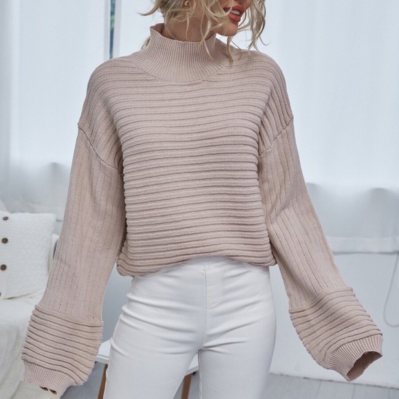 Sweaters - mock neck fall ribbed knit sweater top blush